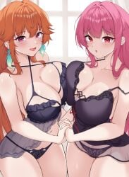 2girls bra breast-to-breast breast_press hololive hololive_english hololive_myth huge_breasts large_breasts lingerie long_hair mori_calliope orange_hair panties pink_hair sluts takanashi_kiara zeropengr