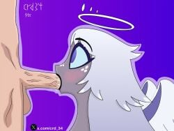 angel balls blue_eyes blush emily_(hazbin_hotel) eyelashes fellatio grey_skin halo hazbin_hotel light-skinned_male light_skin nude penis side_view simple_background unseen_male vivziepop white_hair wings