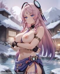 akira_hentai breasts breasts breasts_out citlali_(genshin_impact) genshin_impact naked onsen patreon patreon_reward pink_hair pink_hair_female set solo solo_female solo_focus tits_out undressing