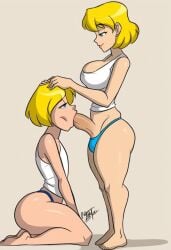 1boy 1futa 2d 2d_(artwork) aeolus06_(style) ai_generated blonde_hair blondshell blowjob civitai fellatio femboy femboysub futa_on_male futadom futanari oral oral_sex panties tagme