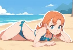 1girls ai_generated annette_fantine_dominic beach bikini blue_eyes cute fire_emblem fire_emblem:_three_houses looking_at_viewer novelai orange_hair petite solo_female