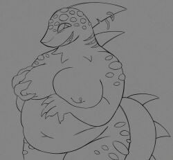 anthro breasts chubby chubby_female eyefestation_(pressure) female healerthing huge_breasts looking_at_viewer multi_eye nipples pressure_(roblox) shark smirking solo squeezing_breast wide_hips