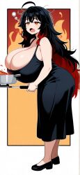 ai_generated amber_eyes black_dress cooking dark_hair flesh_fang large_breasts long_hair messy_hair sorceress_sophia two_tone_hair