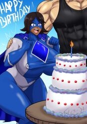 1boy 1boy1girl 1girls big_breasts birthday birthday_cake blue_eyes bodysuit breasts brown_hair busty cake cape crime_fighter curvaceous curvy curvy_female curvy_figure dark-skinned_female dark_skin dialogue domino_mask duo duo_focus english_text eye_mask female flex900 huge_breasts imminent_penetration imminent_sex imminent_vaginal large_breasts light-skinned_male male male/female mask mature mature_female milf muscular_male nipple_bulge nipples oc original original_character original_characters seaworthy short_hair smile smiling straight straight superhero superheroine tagme text thick_thighs thighs voluptuous voluptuous_female wholesome