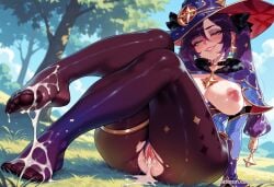 after_sex after_vaginal ai_generated balecxi clothing_aside cum_in_pussy cum_on_body cum_on_breasts cum_on_feet cumdrip earrings feet female genshin_impact grass green_eyes jewelry large_breasts legs leotard long_hair looking_at_viewer mona_(genshin_impact) nipples no_shoes outdoors patreon_username purple_hair sitting smile solo toes torn_clothes torn_pantyhose tree twintails uncensored witch_hat
