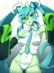 animal_ears antennae aqua_hair breasts cat_ears cat_girl cat_tail colored_skin detached_sleeves eyelashes female glorpi_miku_(dyarikku) green_skin hatsune_miku highres leotard navel necktie skin_tight sleeves_past_wrists smile solo tail thighhighs twintails vocaloid