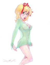 1girl belly belly_button blonde_hair blonde_hair_female boobs breasts dean_yeagle female green_eyes lips mandy_(dean_yeagle) red_lips ribbons see-through_clothing shirt twintails