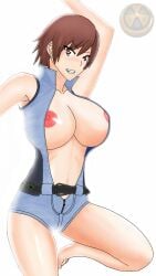 1girls artist_logo barefoot belt big_breasts blue_clothing blush breasts breasts_out brown_eyes brown_hair clothing dukenukemnever fangs feet female female_focus female_only grin kazama_asuka large_breasts light-skinned_female light_blush light_skin looking_at_viewer namco navel nipples no_bra short_hair simple_background smile solo solo_female solo_focus teeth tekken variant_set vest watermark white_background