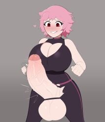 big_balls big_breasts big_penis bodysuit cock_growth futanari g3mma heart messy_hair pale_skin penis_bulge pink_hair potion potion_bottle red_eyes short_hair smile solo solo_futa torn_bodysuit torn_clothes torn_clothing uncut veiny_penis