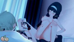 animated animated astra_yao bad_source black_hair breasts cowgirl_position evelyn_chevalier futa_with_female futanari gloves hairband holding holding_phone long_hair lowres medium_breasts navel nipples phone recording sex straddling white_hairband zenless_zone_zero