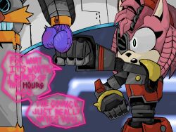 1_eye 2023 anthro ball_punching ballbusting balls biped cock_and_ball_torture cybernetics cyborg duo english_text eulipotyphlan female fur genital_torture genitals ghostspookygoo green_eyes hedgehog machine male mammal netflix pink_body pink_fur rusty_rose sega sonic_(series) sonic_prime sonic_the_hedgehog sonic_the_hedgehog_(series) speech_bubble text