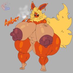 amber_(lattemon) big_breasts breasts cleavage eeveelution flareon huge_breasts hyper_breasts lattemon nipples pokemon pokemon_(species) tagme thick_thighs wide_hips