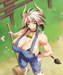 cathyl_(monster_musume) cow_bell cow_print farmgirl minotaur_female monster_girl monster_musume_no_iru_nichijou muscular_female overalls