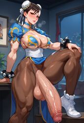 1futa ai_generated big_balls blush chun-li futanari huge_breasts huge_cock hyper_penis lemonzzest_ai street_fighter veiny_penis