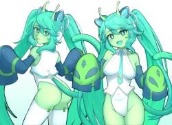 animal_ears antennae aqua_hair breasts cat_ears cat_girl cat_tail colored_skin detached_sleeves eyelashes female glorpi_miku_(dyarikku) green_skin hatsune_miku highres leotard navel necktie skin_tight sleeves_past_wrists smile solo tail thighhighs twintails vocaloid