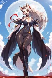 ai_generated basketmuffin bayonetta bayonetta_(cosplay) cleavage cosplay female_furry furry hellhound helluva_boss high_heels huge_breasts loona_(helluva_boss)