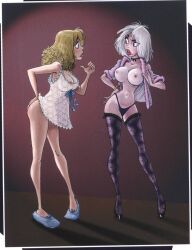 2girls 2women big_breasts black_panties blonde_female blonde_hair_female breasts dean_yeagle lips long_hair pajamas red_lips slippers stockings topless topless_female transparent_clothing wheel white_hair