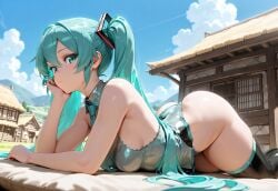 ai_assisted ai_generated ass_focus ass_up blue_sky hatsune_miku high_res high_resolution large_ass laying_down laying_on_stomach looking_at_viewer msjiggly thigh_highs village