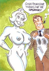 1boy 1girls breasts curvy dc dc_comics enhancements happy_female happy_male humor joe_gravel large_breasts metal_men nipples pipe_smoking platinum_(dc) short_hair sketch_card smile superheroine traditional_media_(artwork) will_magnus