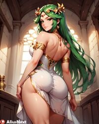 1girls ai_generated aliusnext ass ass_focus big_ass big_breasts breasts female goddess green_eyes green_hair hi_res high_resolution highres huge_ass kid_icarus nintendo palutena patreon standing super_smash_bros.