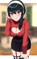 1girls adjusting_hair black_hair black_skirt breasts clothing_cutout earrings garter_straps hairband hairbun heart_cutout looking_at_viewer medium_breasts milf pencil_skirt red_eyes red_sweater sarukaiwolf skirt spy_x_family sweater thighhighs yor_briar yor_forger