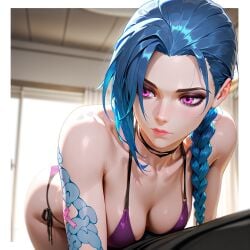 ai_assisted ai_generated arcane bent_over bikini blue_hair breasts jinx_(league_of_legends) league_of_legends looking_away msjiggly pink_lips pink_lipstick purple_bikini purple_eyes tattoo