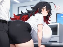 1boy ai_generated amber_eyes dark_hair female flesh_fang large_breasts long_hair messy_hair office_background office_lady sorceress_sophia two_tone_hair