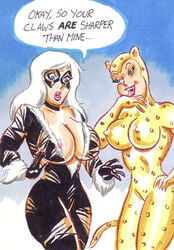 2girls areolae big_breasts black_cat_(marvel) breasts cheetah_(dc) crossover dc dc_comics dialogue erect_nipples_under_clothes felicia_hardy female female_only human joe_gravel large_breasts marvel marvel_comics multiple_girls pokies priscilla_rich speech_bubble spider-man_(series) wonder_woman_(series)