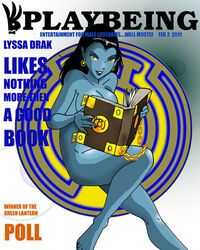 1girls 2011 5_fingers alien alien_girl artist_request bare_shoulders barefoot big_breasts black_hair blue_lips blue_lipstick blue_skin book bottomless breasts busty cleavage covered_breasts covered_nipples dark_hair dated dc dc_comics earrings english english_text feet female female_focus female_only green_lantern_(series) hair humanoid large_breasts legs_crossed lipstick long_hair lyssa_drak makeup naked no_bra no_panties no_underwear nude nude_female playbeing pointy_ears reading sinestro_corps sitting smile smiling solo solo_female solo_focus teeth text topless white_background yellow_eyes yellow_lantern