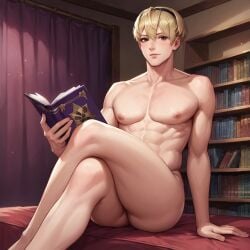 ai_generated blonde_hair civitai crossed_legs fire_emblem fire_emblem_fates headband leo_(fire_emblem) male male_only pecs