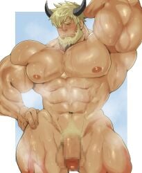 1boy arm_behind_head balls bara blonde_hair blush bodily_fluids embarrassed flaccid flaccid_penis genitals hair high_resolution horns human humanoid_genitalia humanoid_penis kaeru333938123 male male_only mammal maplestory mosaic_censoring muscles muscular musk musk_clouds nipples nova_(maplestory) nude older_male pecs penis piston_(maplestory) pubic_hair solo sweat