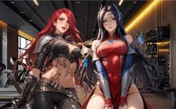 2girls ai_generated ass black_hair blue_hair catfight farting_in_face futanari irelia_xan katarina_du_couteau league_of_legends red_hair wrestling