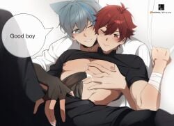 2boys abs alticute bandage blue_hair blush catboy choker cum drooling erection gay groping_chest holding_partner muscular_male nipples original_character pecs penis red_hair shirt_up vtuber yaoi