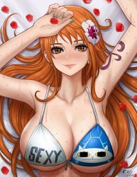 1girls big_breasts bikini bikini_top breasts brown_eyes cleavage female female_only flower flower_in_hair huge_breasts kyopink long_hair nami on_back one_piece one_piece_film_gold orange_hair petals post-timeskip seductive shoulder_tattoo smile solo tattoo top_view water wet_body wet_skin