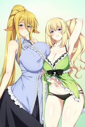 2girls alternate_version_available animal_ears blonde_hair blue_eyes blush centaur centorea_shianus crossover dress_lift female fully_clothed hair large_breasts lindaroze long_hair monster_girl monster_musume_no_iru_nichijou multiple_girls neptunia_(series) panties vert very_long_hair