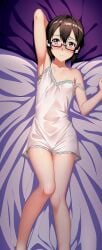 ai_generated armpits asada_shino bed blush clothed clothing dark_hair fruitstealer glasses light-skinned_female light_skin lingerie looking_at_viewer negligee pale-skinned_female pale_skin short_hair sinon sword_art_online