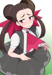 afrobull blush breasts brown_hair clothed clothed_female dress female female_focus female_only nintendo nipples pokemon purple_eyes red_eyes roxanne_(pokemon)