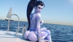 3d amelie_lacroix blizzard_entertainment blue_skin bracelet breasts earrings geckoscave glasses hi_res high_resolution highres long_hair medium_breasts ocean overwatch overwatch_2 ponytail purple_hair tattoo very_long_hair widowmaker