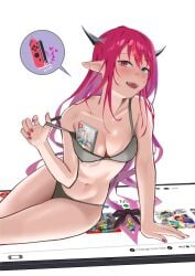 absurdres blue_eyes bra bra_pull bra_strap breasts cleavage clothes_pull fangs female heterochromia highres hololive hololive_english hololive_english_-promise- horn horns irys long_hair looking_at_viewer medium_breasts multicolored_hair navel nintendo_switch panties pink_eyes pointy_ears red_hair shift_(shiftillust) two-tone_hair underwear underwear_only very_long_hair virtual_youtuber