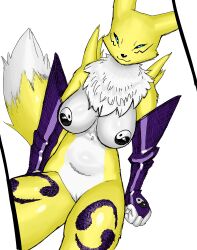 anthro armwear bandai_namco big_breasts biped breasts chest_tuft clothing digimon digimon_(species) elbow_gloves facial_markings female genitals gloves handwear head_markings hi_res leg_markings looking_at_viewer markings mostly_nude pasties pen_(artwork) pussy realius renamon simple_background solo thick_thighs thigh_markings traditional_media_(artwork) tuft