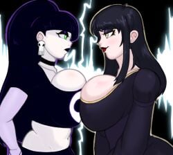 2girls absurd_res big_breasts blush breast_press breast_squish breasts breasts curvaceous curvy curvy_figure digital_media doocen earrings eye_contact eyeliner eyeshadow face_off_position female female_only goth goth_girl green_eyes huge_breasts lightning lindel_dollice_quilten lipstick original original_character original_characters pale-skinned_female purple_hair vampire velvet_rosang_(oc) voluptuous wide_hips yellow_eyes