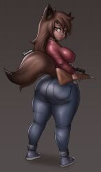 1girls animal_ears ass big_ass blue_jeans breasts brown_eyes brown_hair brown_tail clothing commission converse_shoes cosplay dumptruck_ass fat_ass female female_focus female_only fox_ears fox_girl fox_tail gun huge_ass hunting_rifle jacket jeans large_ass left_4_dead looking_at_viewer looking_back original original_character pants red_jacket rifle ruruduu seven_(sevensmut) thick_ass thick_thighs thighs weapon wide_hips zoey_(left_4_dead)