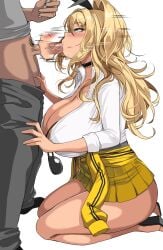 1boy 1girls absurdres asian_male big_breasts blonde_hair blowjob breasts drogod_(artist) female goddess_of_victory:_nikke green_eyes gyaru kneeling kneeling_oral_position leopard_print light-skinned_female light_skin long_hair male rupee_(nikke) tan tan-skinned_female tan_body tanned_female tanned_skin thick_thighs wide_hips