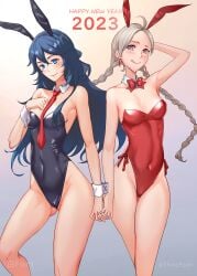 2girls absurdres ahoge alternate_costume animal_ears arm_behind_head ass_visible_through_thighs bangs bare_shoulders blue_eyes blue_hair bow bowtie braid breasts bunny_ears bunny_girl bunnysuit chinese_zodiac commission detached_collar earrings female female_only fire_emblem fire_emblem_awakening fire_emblem_fates grey_hair highres holding_hands jewelry licking_lips long_hair looking_at_viewer low_twin_braids lucina_(fire_emblem) medium_breasts multiple_girls necktie nina_(fire_emblem) nintendo non-web_source parted_bangs playboy_bunny rabbit_ears shiro_font symbol-shaped_pupils tongue tongue_out twin_braids wrist_cuffs year_of_the_rabbit