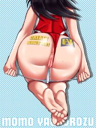 1girls anus ass ass_focus ass_shot ass_tattoo back back_view bare_legs barefoot black_hair body_writing bubble_butt feet female hero_outfit_(mha) high_resolution huge_ass long_hair lord_socar momo_yaoyorozu my_hero_academia panties panties_down ponytail pussy soles tattoo tattoos text_tattoo uncensored