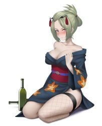 alcohol big_breasts blonde_hair blush cleavage drunk facial_scar female female_only fishnet_thighhighs fishnets full_body gintama hair_ornament hervi hi_res kimono kunai kunoichi looking_at_viewer no_bra obi off_shoulder purple_eyes seiza side_slit single_thighhigh sitting solo tied_hair tsukuyo undressing