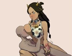 1boy 1girls alternate_breast_size angry annoyed artist_request avatar_the_last_airbender big_breasts blue_eyes blush breast_grab breast_sucking breastfeeding breasts clothed cow_ears cow_girl cow_horns cow_print cowbell cowgirl cum cumshot dark-skinned_female dark_skin female handjob human katara lactating lactation large_breasts long_hair male nickelodeon nipples nude nude_male nursing_handjob one_breast_out penis source_request sucking_nipples water_tribe