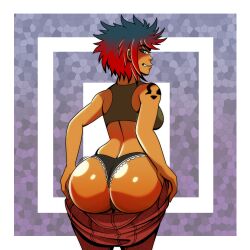 ass big_ass blue_eyes blue_hair bubble_butt danivere_(dual_dragons) dat_ass dual_dragon female jeans looking_at_viewer looking_back mooning original_character panties pulling_down_pants red_highlights short_hair sideboob tattoo teasing