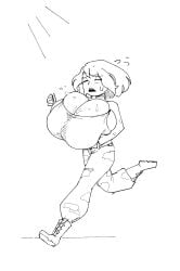 1girls black_and_white breast_expansion exercise huge_breasts jogging massive_breasts my_hero_academia ochako_uraraka running rust_and_bolts short_hair sweat sweating