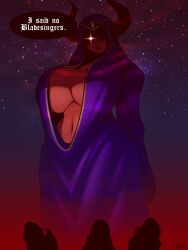 big_breasts blazbaros cleavage glowing_eyes horns huge_breasts red_skin robe shadowed_face